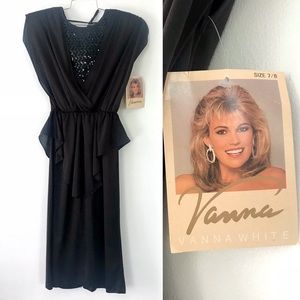 Vintage 1980’s black peplum sequins disco goth witchy dress Vanna White NWT